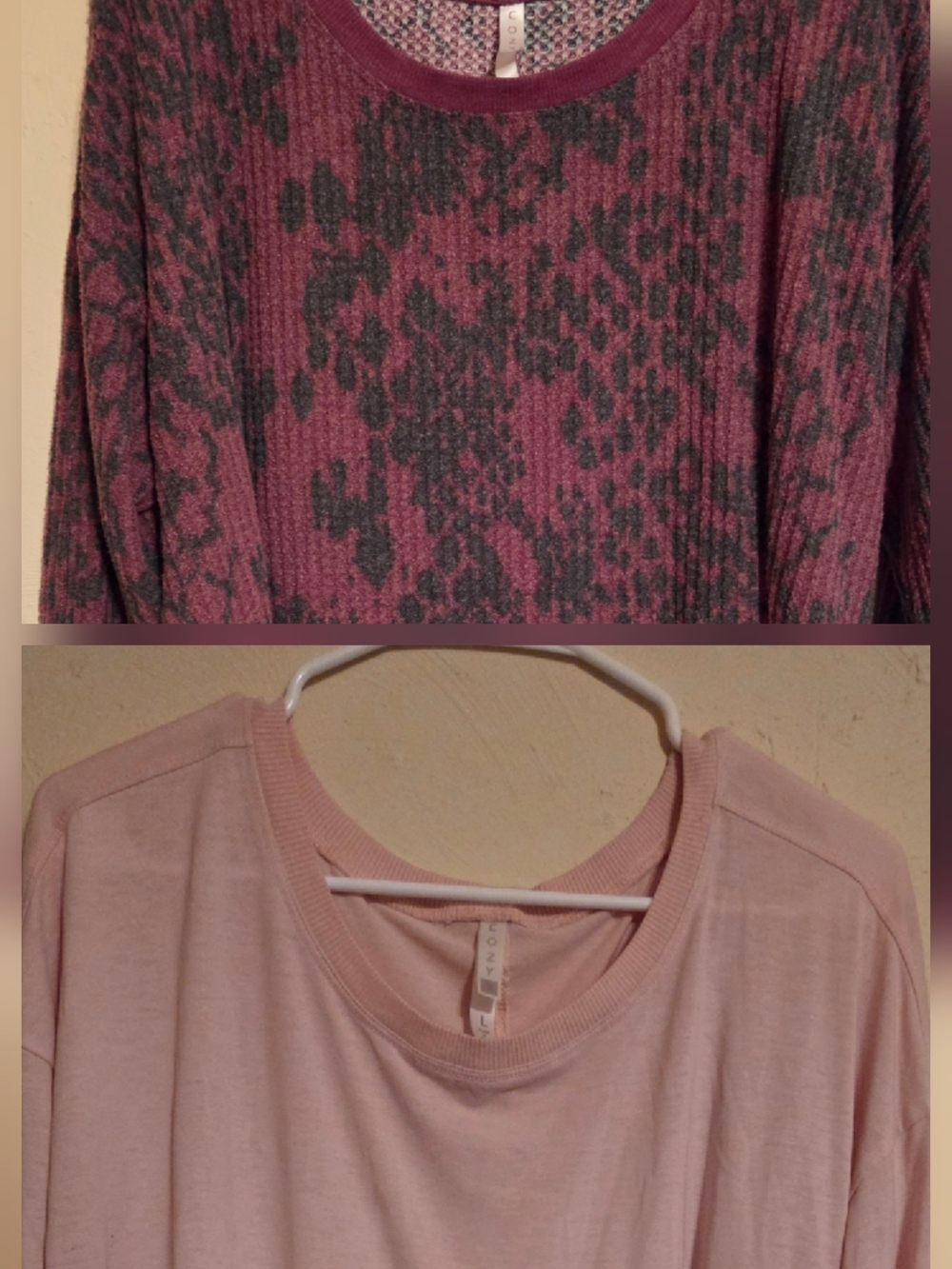 LuLaRoe Plum Patterned Tunic with Light Pink Layering Top